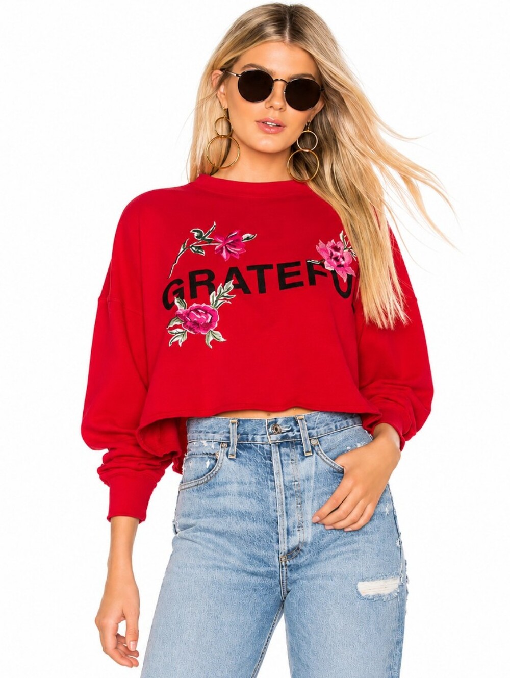 Spiritual Gangster (135$) | Cropped Floral 'Grateful' Sweatshirt, Size XS